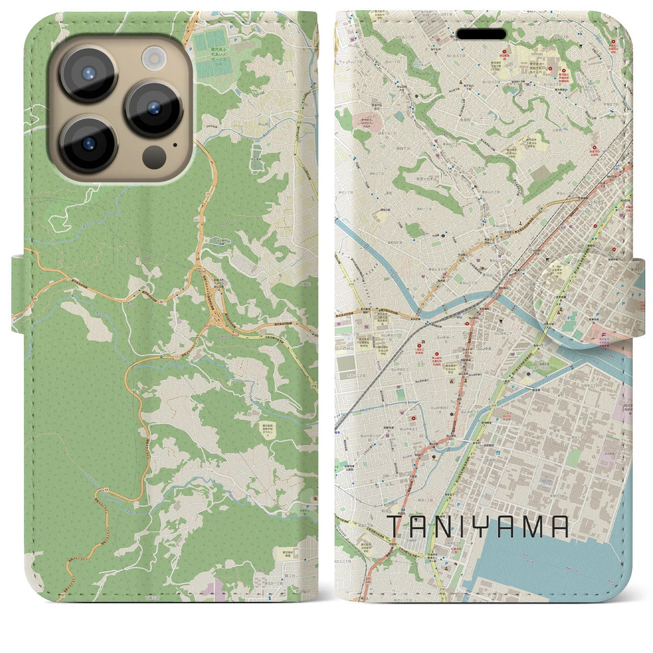 【谷山】地図柄iPhoneケース（手帳両面タイプ・ナチュラル）iPhone 14 Pro Max 用