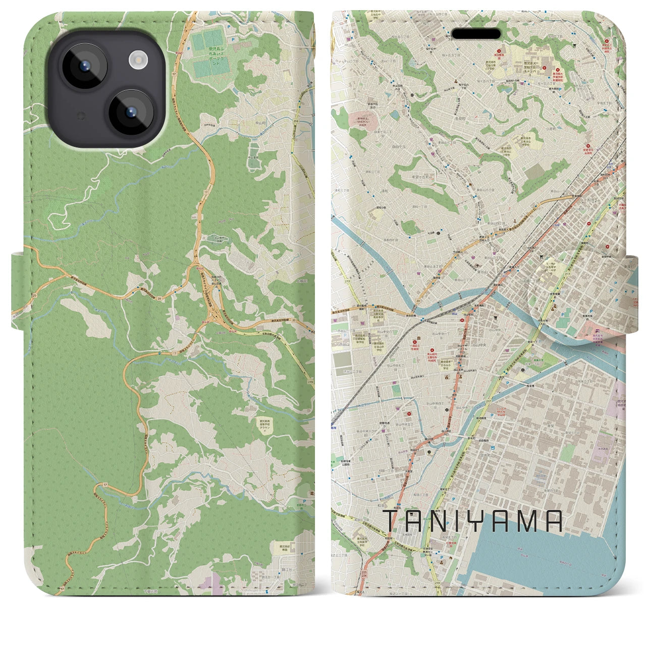 【谷山】地図柄iPhoneケース（手帳両面タイプ・ナチュラル）iPhone 14 Plus 用