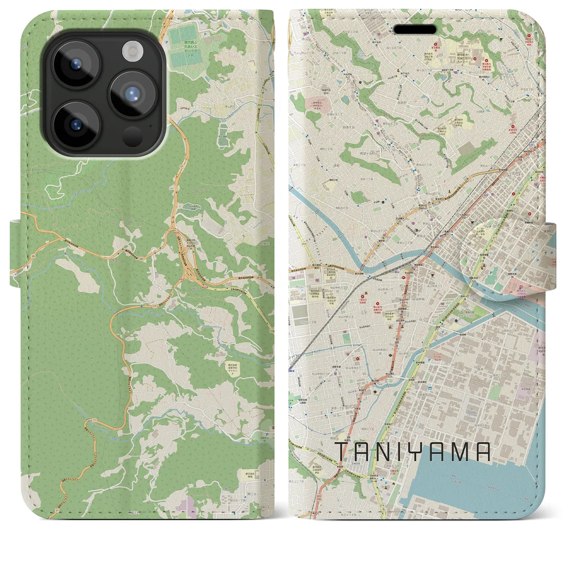 【谷山】地図柄iPhoneケース（手帳両面タイプ・ナチュラル）iPhone 15 Pro Max 用
