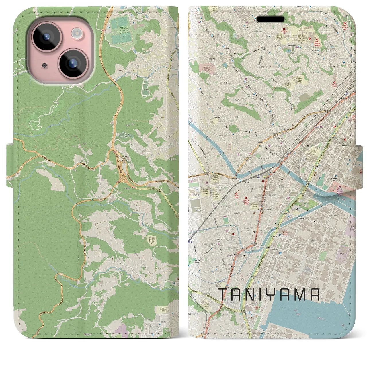【谷山】地図柄iPhoneケース（手帳両面タイプ・ナチュラル）iPhone 15 Plus 用