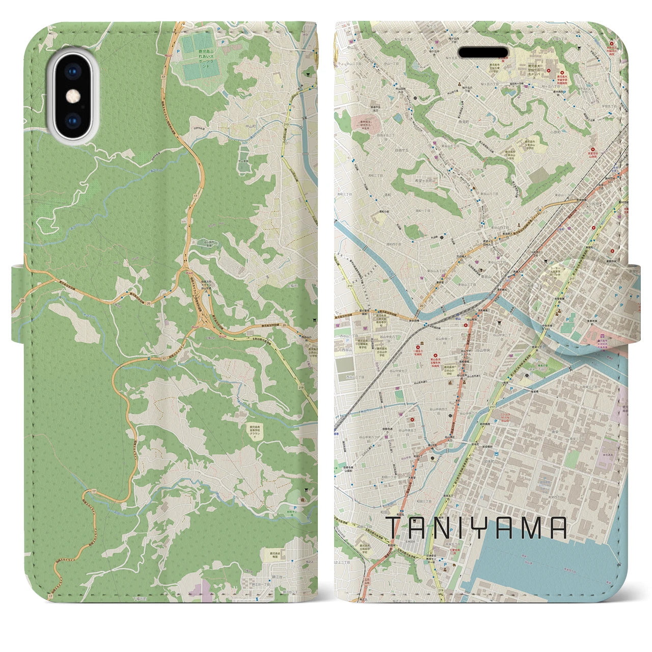【谷山】地図柄iPhoneケース（手帳両面タイプ・ナチュラル）iPhone XS Max 用