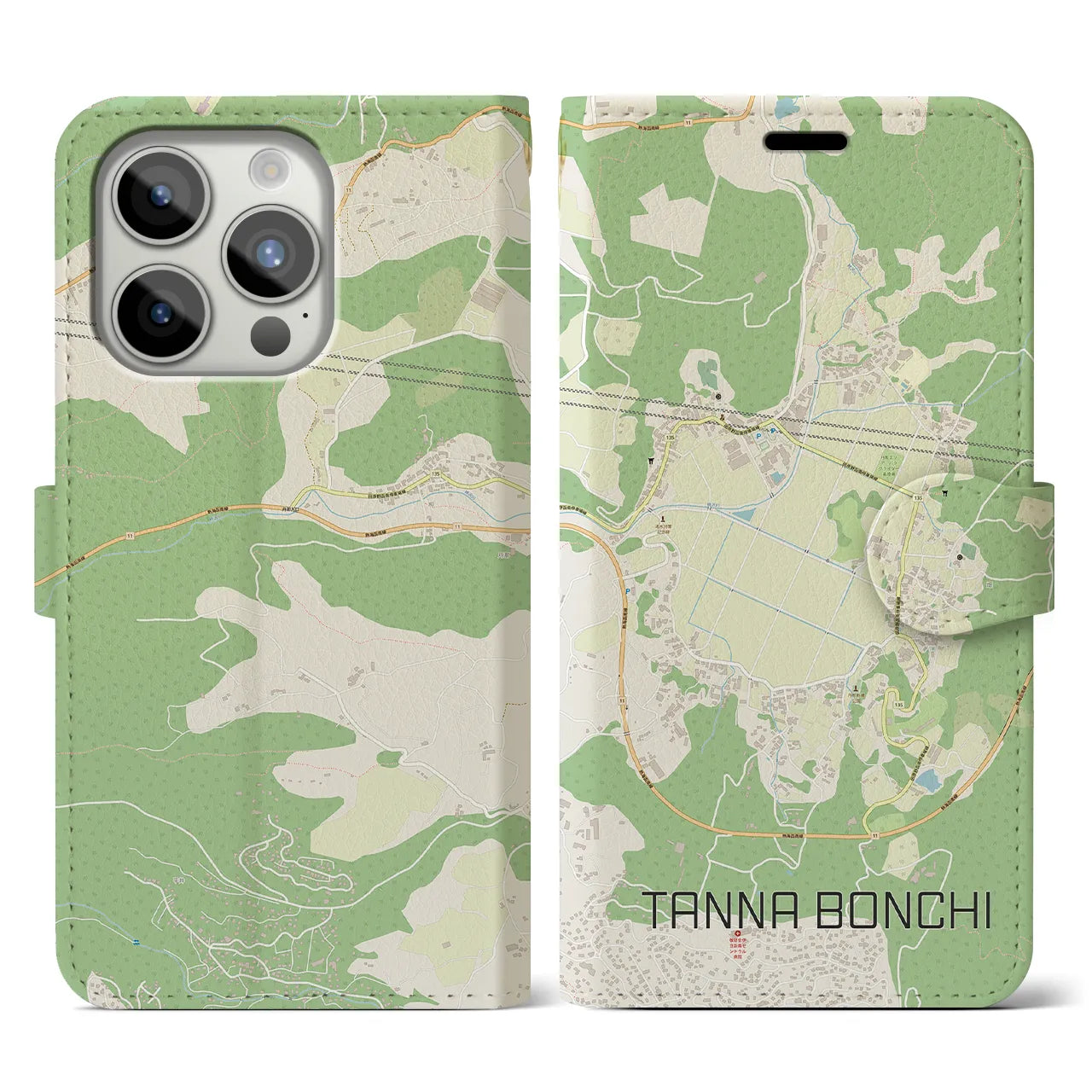 【丹那盆地】地図柄iPhoneケース（手帳両面タイプ・ナチュラル）iPhone 15 Pro 用