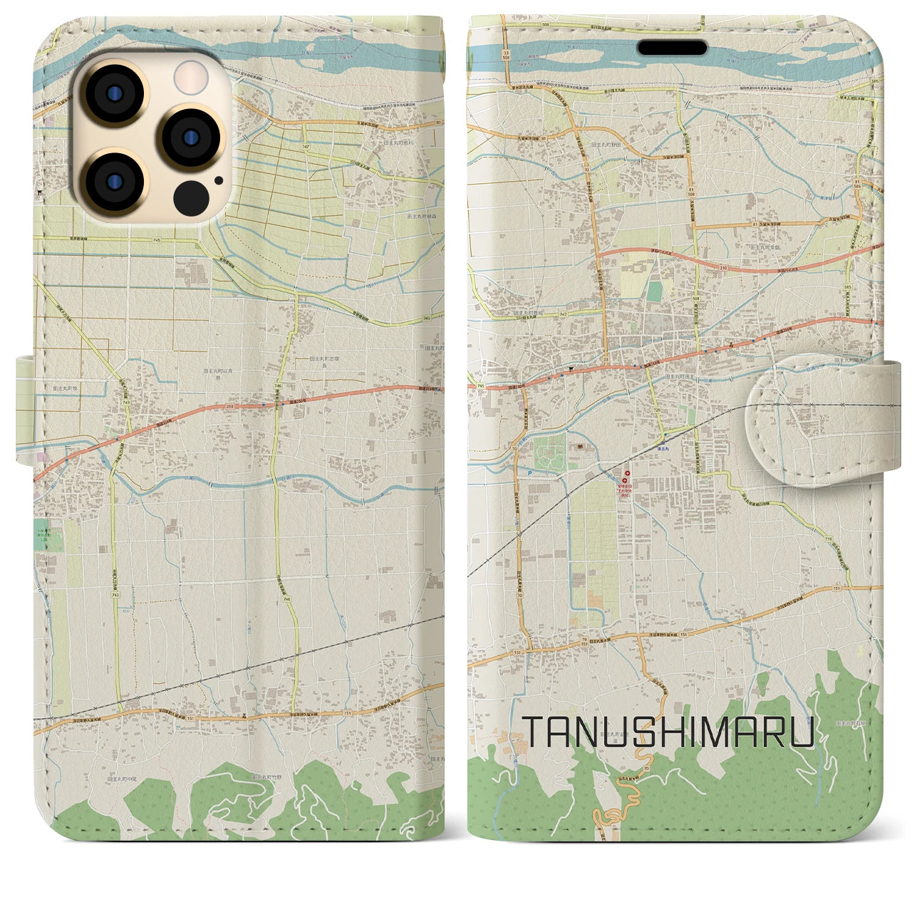 【田主丸】地図柄iPhoneケース（手帳両面タイプ・ナチュラル）iPhone 12 Pro Max 用