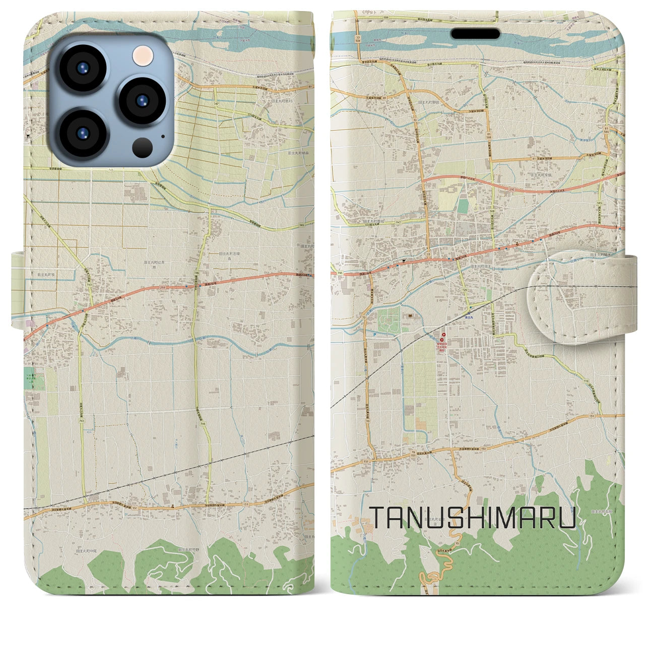 【田主丸】地図柄iPhoneケース（手帳両面タイプ・ナチュラル）iPhone 13 Pro Max 用