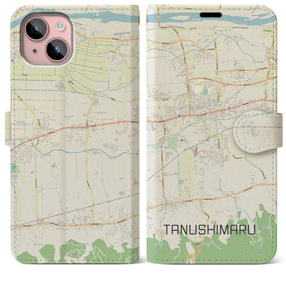 【田主丸（福岡県）】地図柄iPhoneケース（手帳タイプ）ナチュラル・iPhone 15 Plus 用