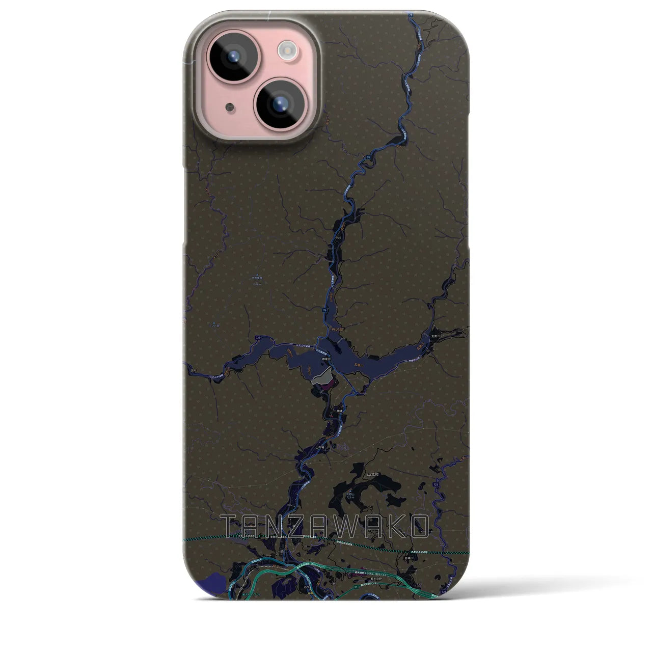 【丹沢湖】地図柄iPhoneケース（バックカバータイプ・ブラック）iPhone 15 Plus 用
