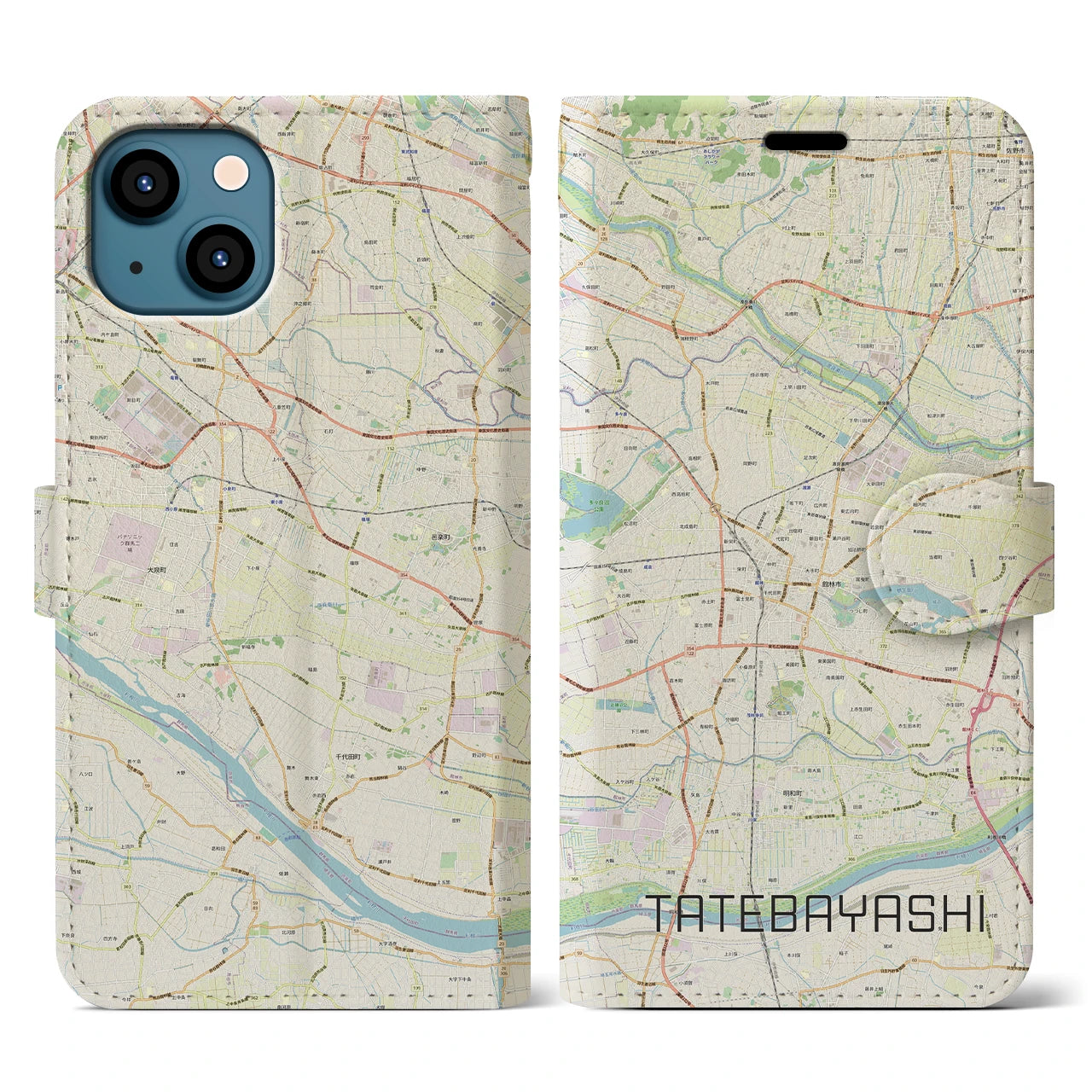 【館林】地図柄iPhoneケース（手帳両面タイプ・ナチュラル）iPhone 13 用
