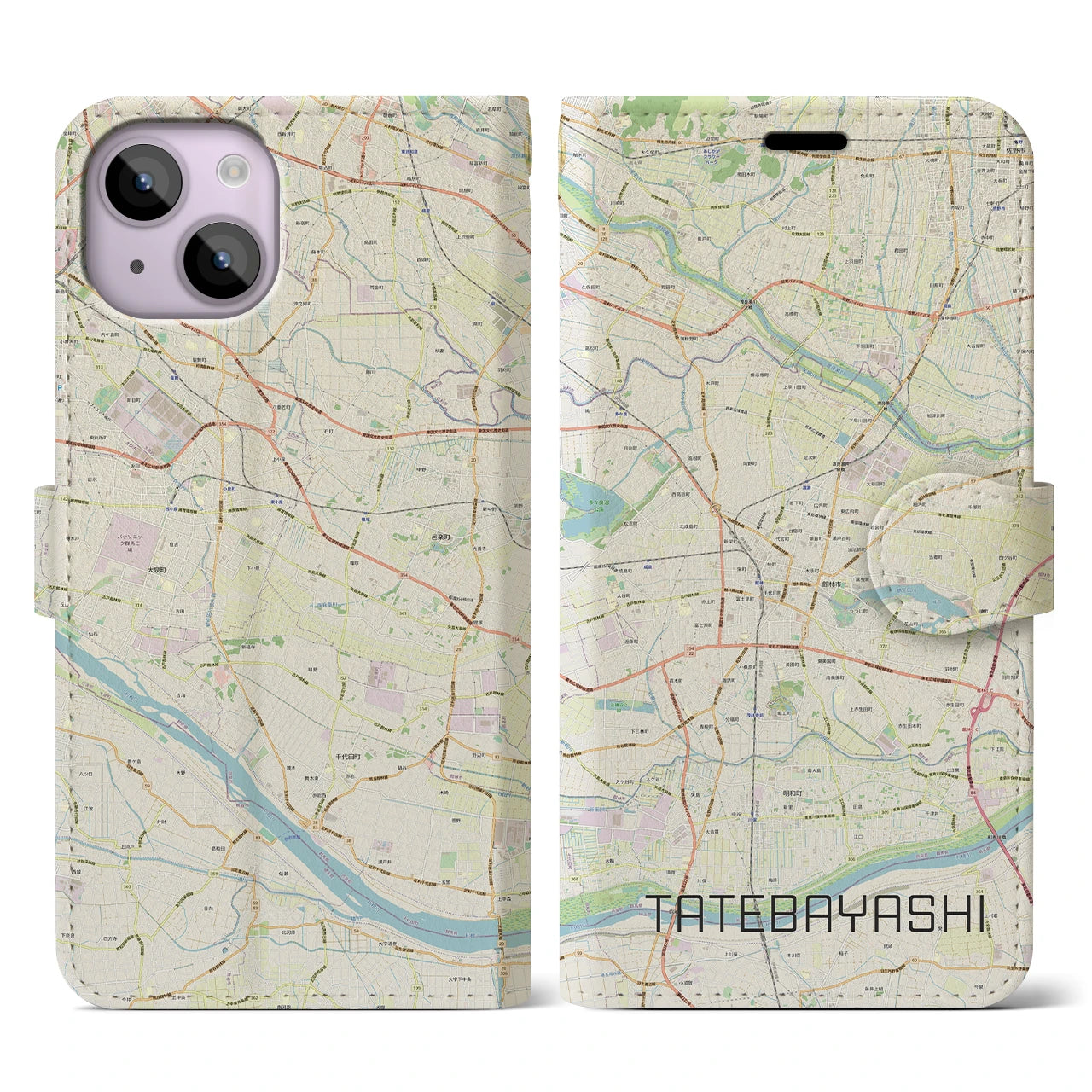 【館林】地図柄iPhoneケース（手帳両面タイプ・ナチュラル）iPhone 14 用