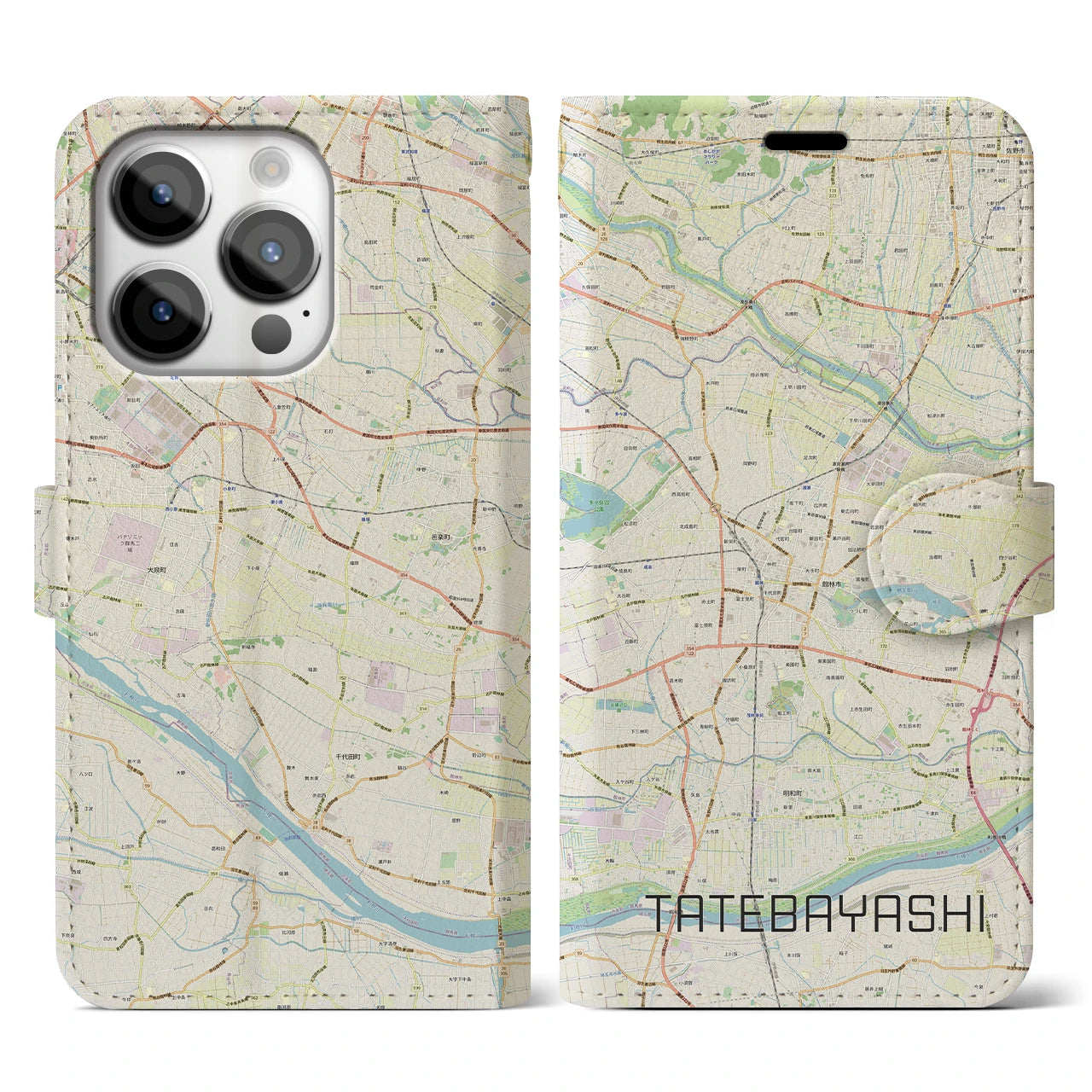 【館林】地図柄iPhoneケース（手帳両面タイプ・ナチュラル）iPhone 14 Pro 用