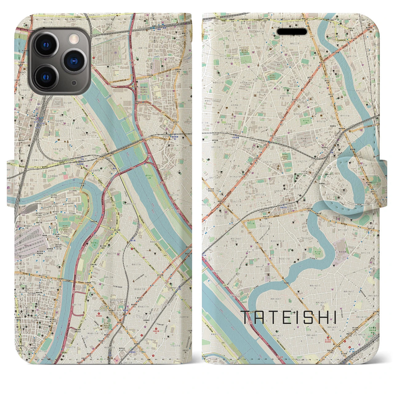 【立石（東京都）】地図柄iPhoneケース（手帳タイプ）ナチュラル・iPhone 11 Pro Max 用