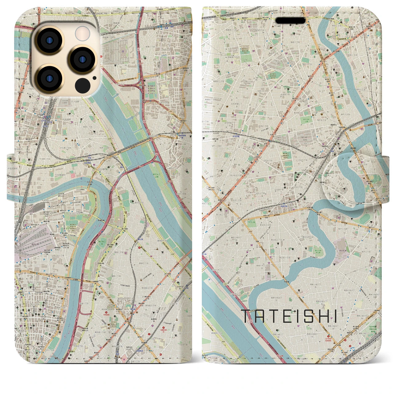 【立石】地図柄iPhoneケース（手帳両面タイプ・ナチュラル）iPhone 12 Pro Max 用