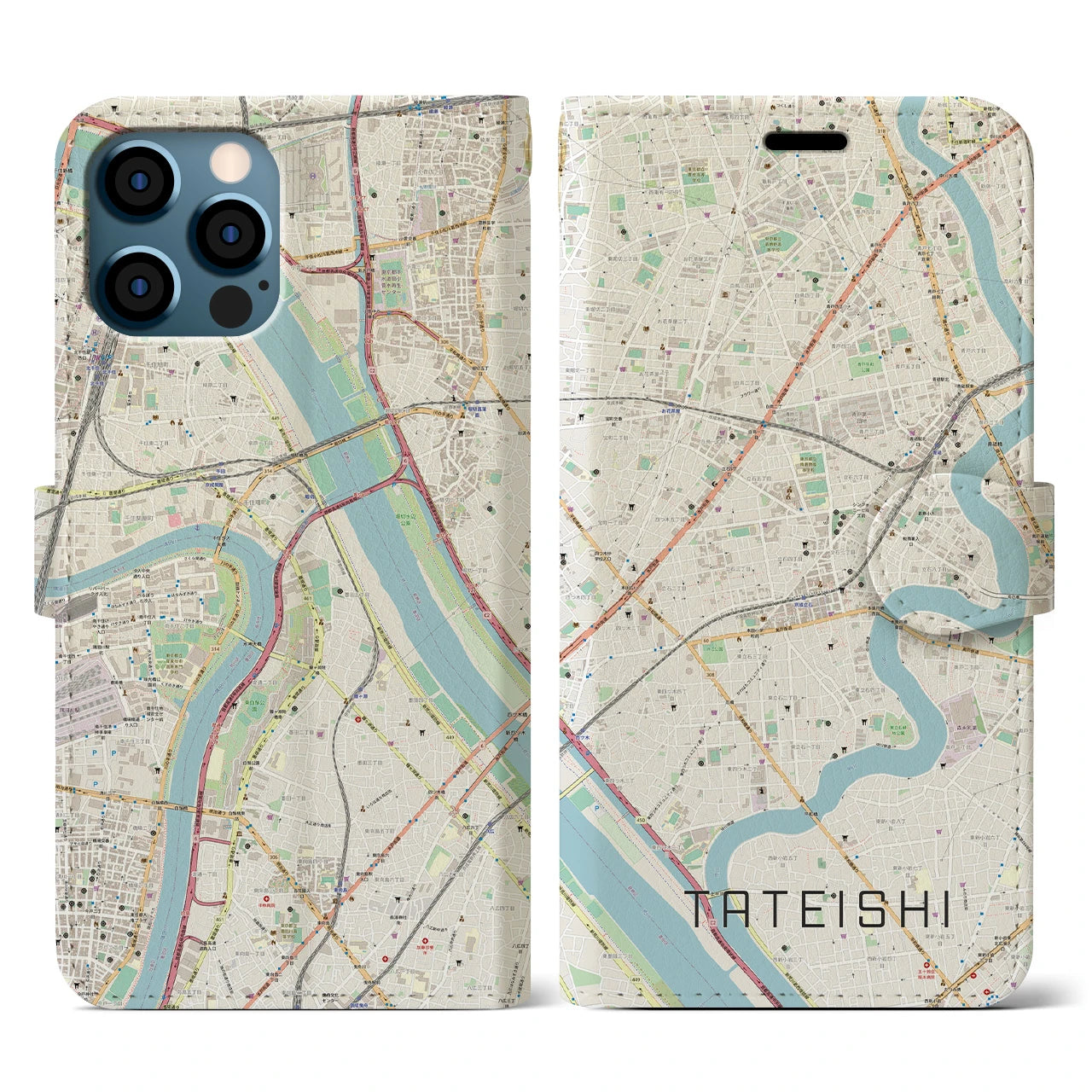 【立石】地図柄iPhoneケース（手帳両面タイプ・ナチュラル）iPhone 12 / 12 Pro 用