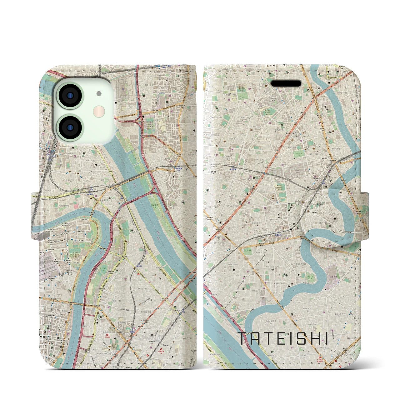 【立石（東京都）】地図柄iPhoneケース（手帳タイプ）ナチュラル・iPhone 12 mini 用