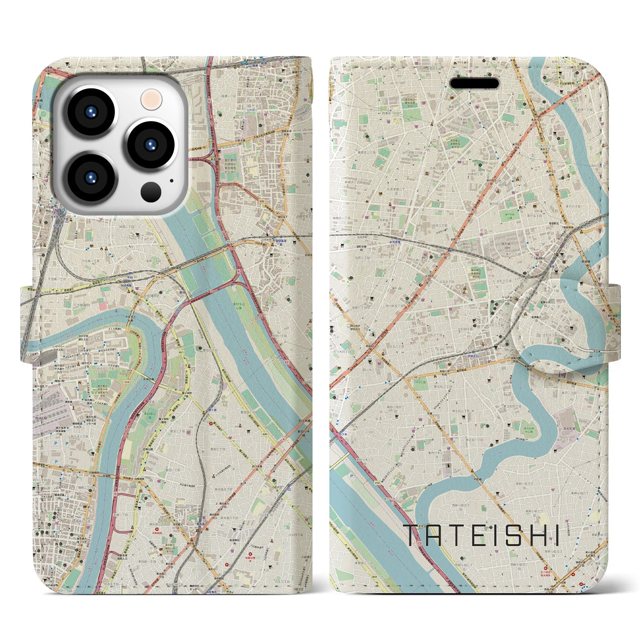 【立石】地図柄iPhoneケース（手帳両面タイプ・ナチュラル）iPhone 13 Pro 用