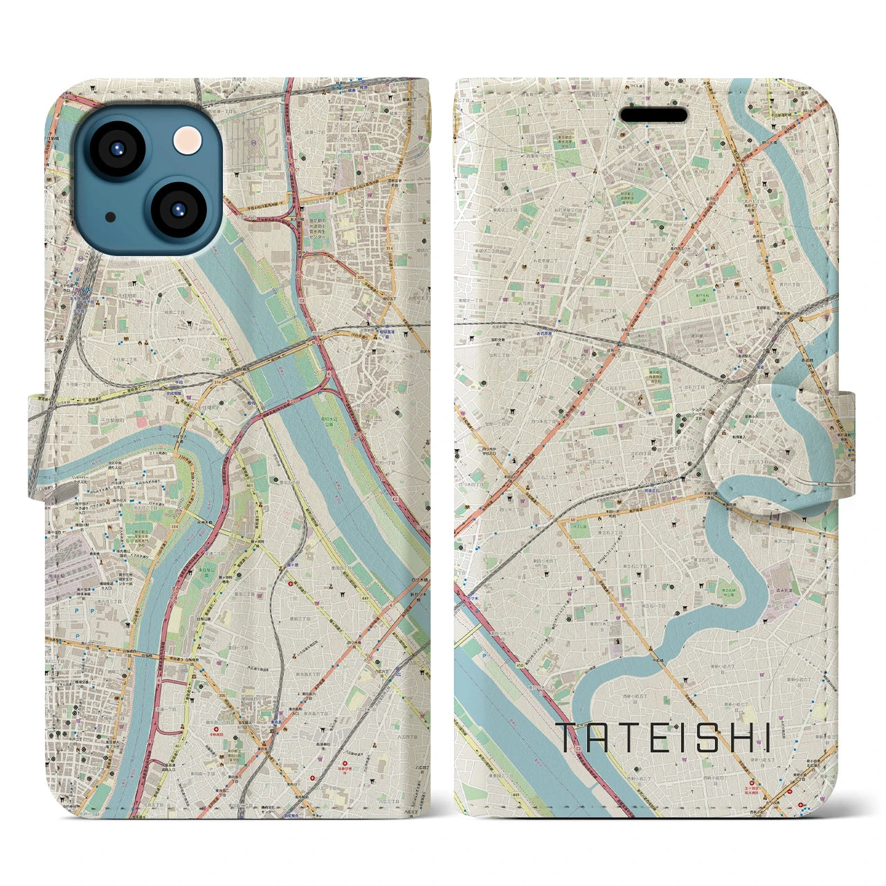 【立石】地図柄iPhoneケース（手帳両面タイプ・ナチュラル）iPhone 13 用