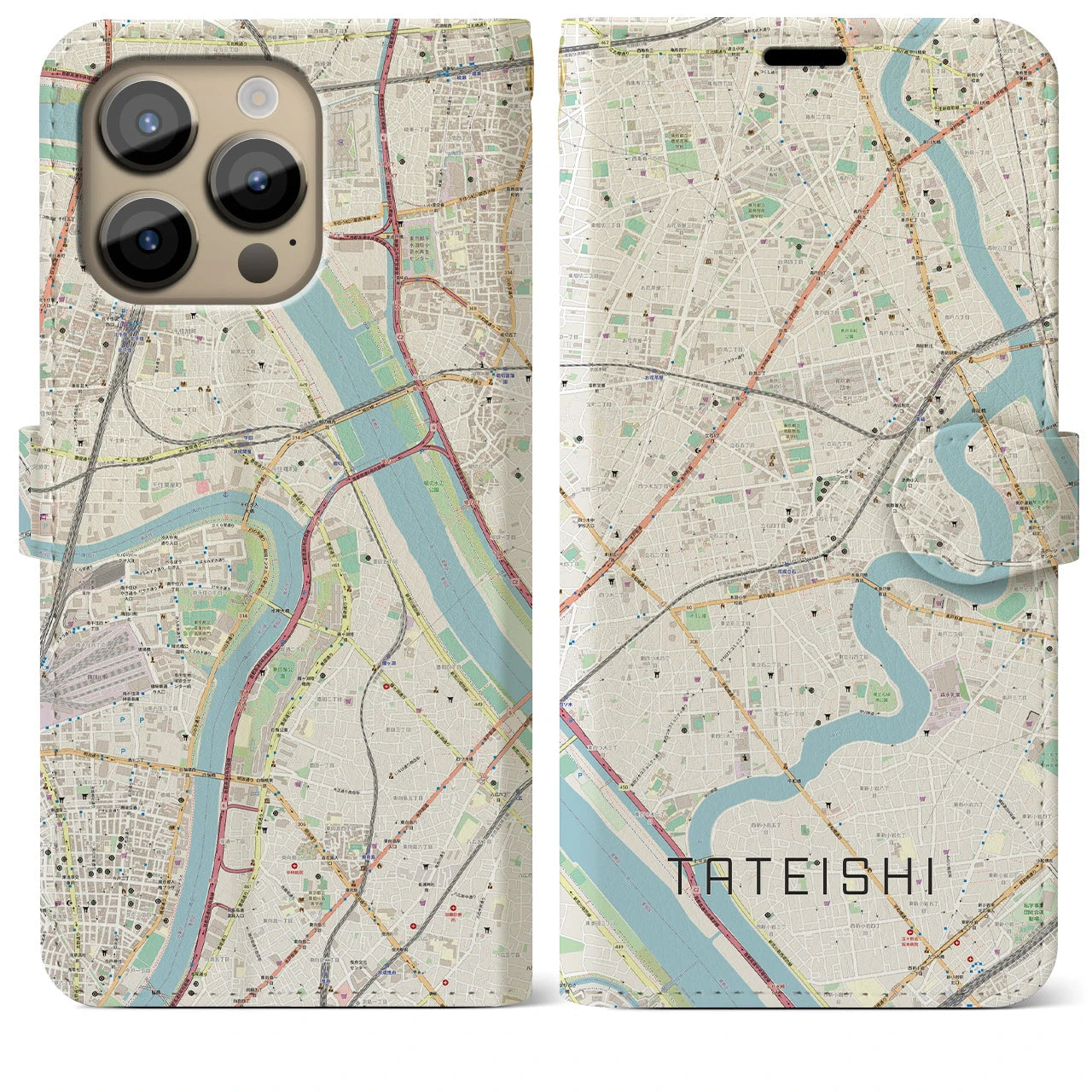 【立石（東京都）】地図柄iPhoneケース（手帳タイプ）ナチュラル・iPhone 14 Pro Max 用