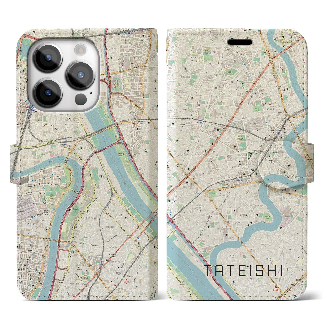 【立石】地図柄iPhoneケース（手帳両面タイプ・ナチュラル）iPhone 14 Pro 用