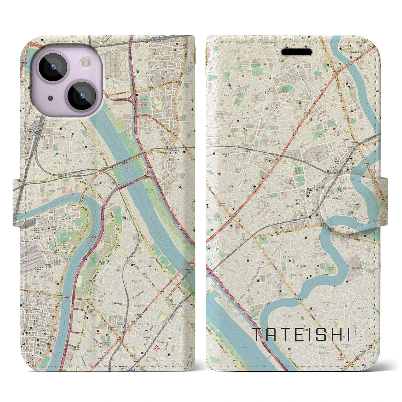 【立石】地図柄iPhoneケース（手帳両面タイプ・ナチュラル）iPhone 14 用