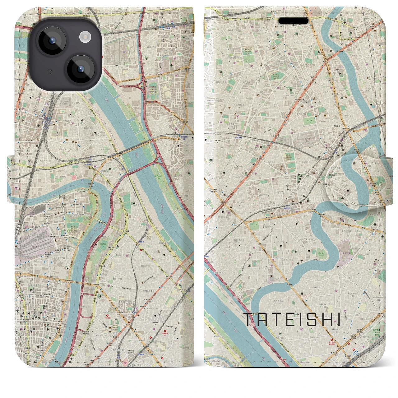 【立石】地図柄iPhoneケース（手帳両面タイプ・ナチュラル）iPhone 14 Plus 用