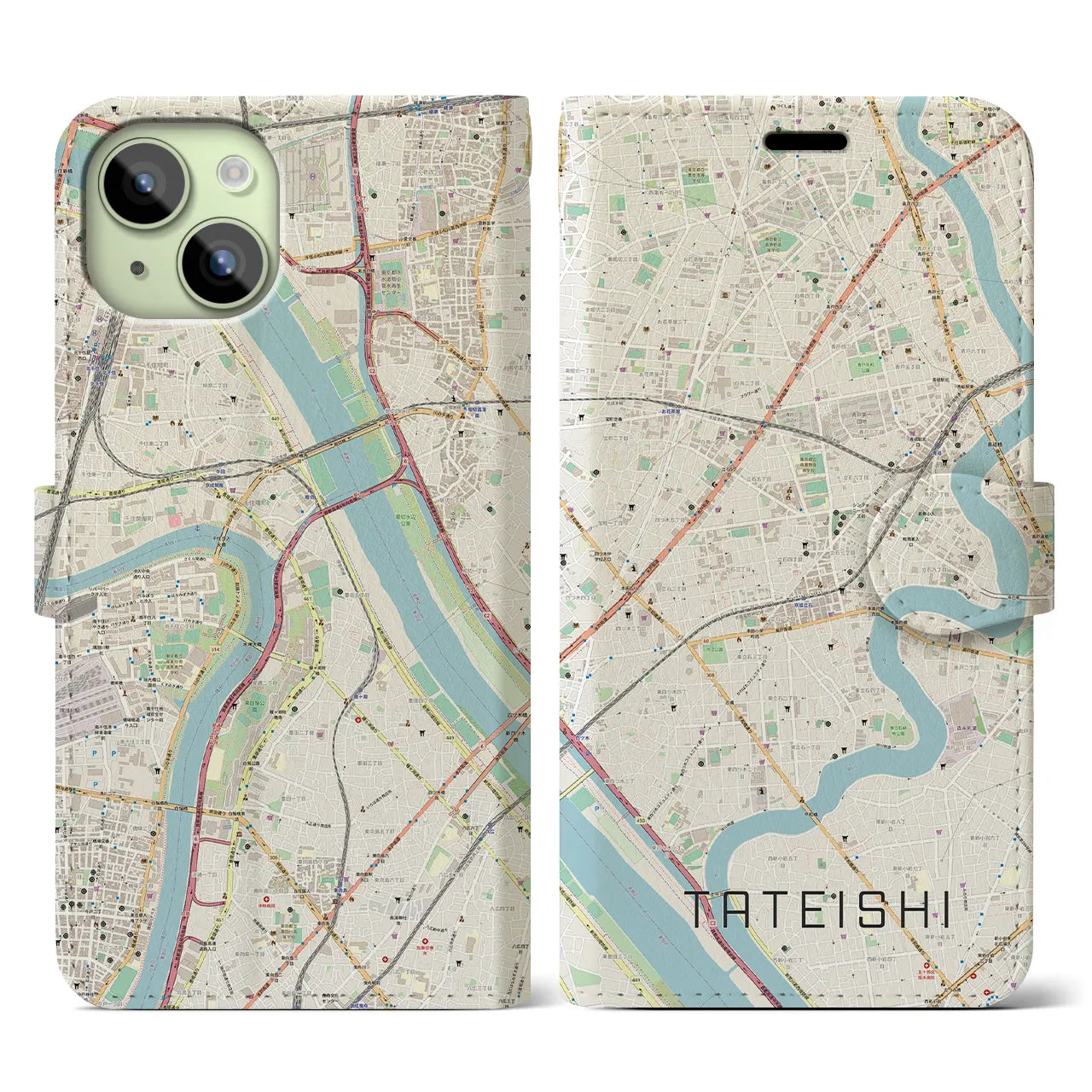 【立石（東京都）】地図柄iPhoneケース（手帳タイプ）ナチュラル・iPhone 15 用