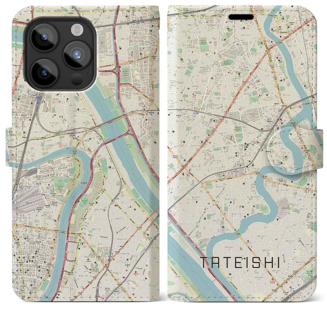 【立石】地図柄iPhoneケース（手帳両面タイプ・ナチュラル）iPhone 15 Pro Max 用