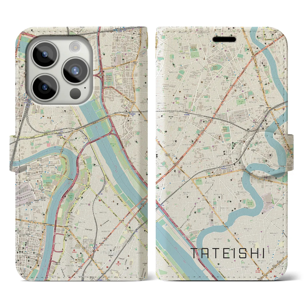 【立石（東京都）】地図柄iPhoneケース（手帳タイプ）ナチュラル・iPhone 15 Pro 用