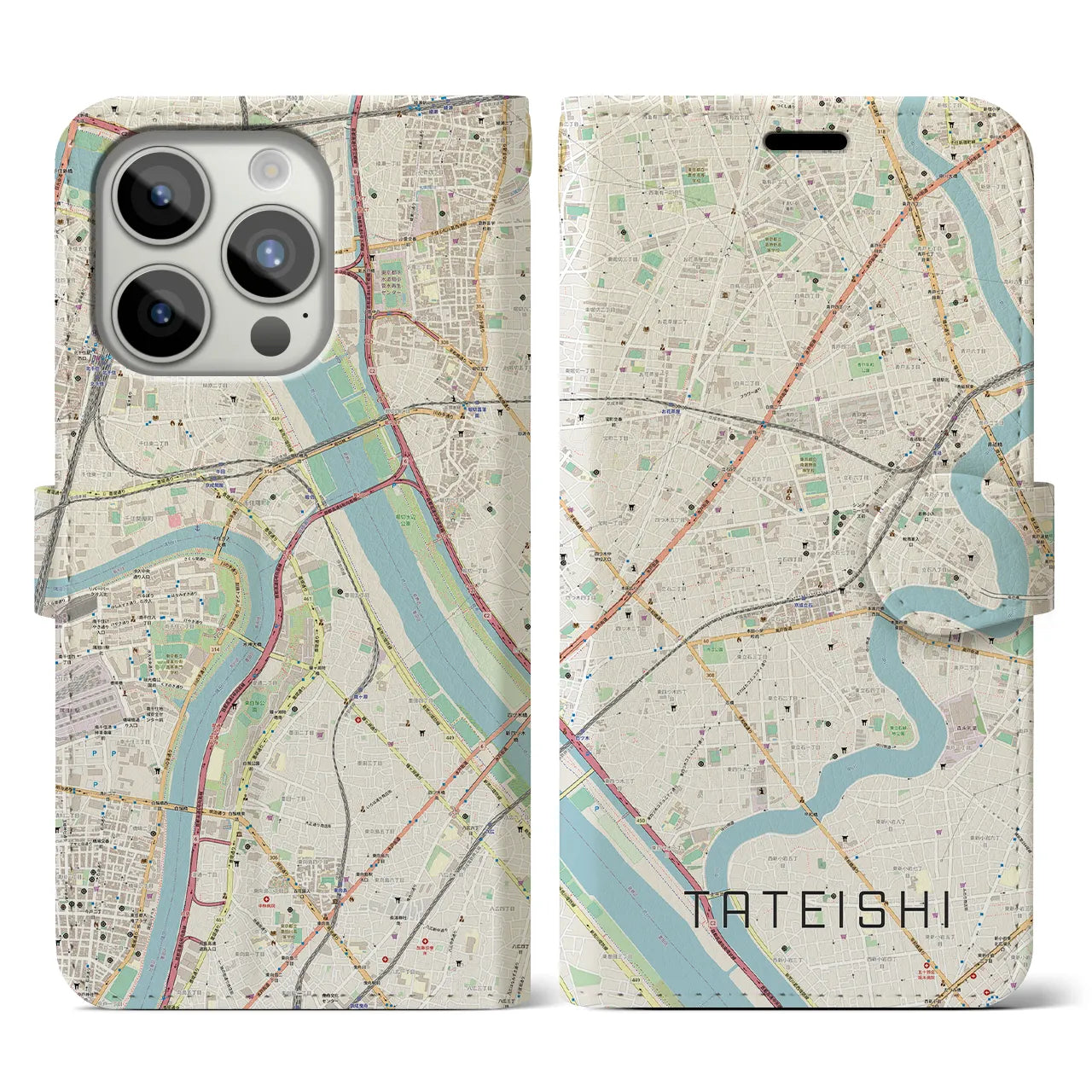 【立石】地図柄iPhoneケース（手帳両面タイプ・ナチュラル）iPhone 15 Pro 用