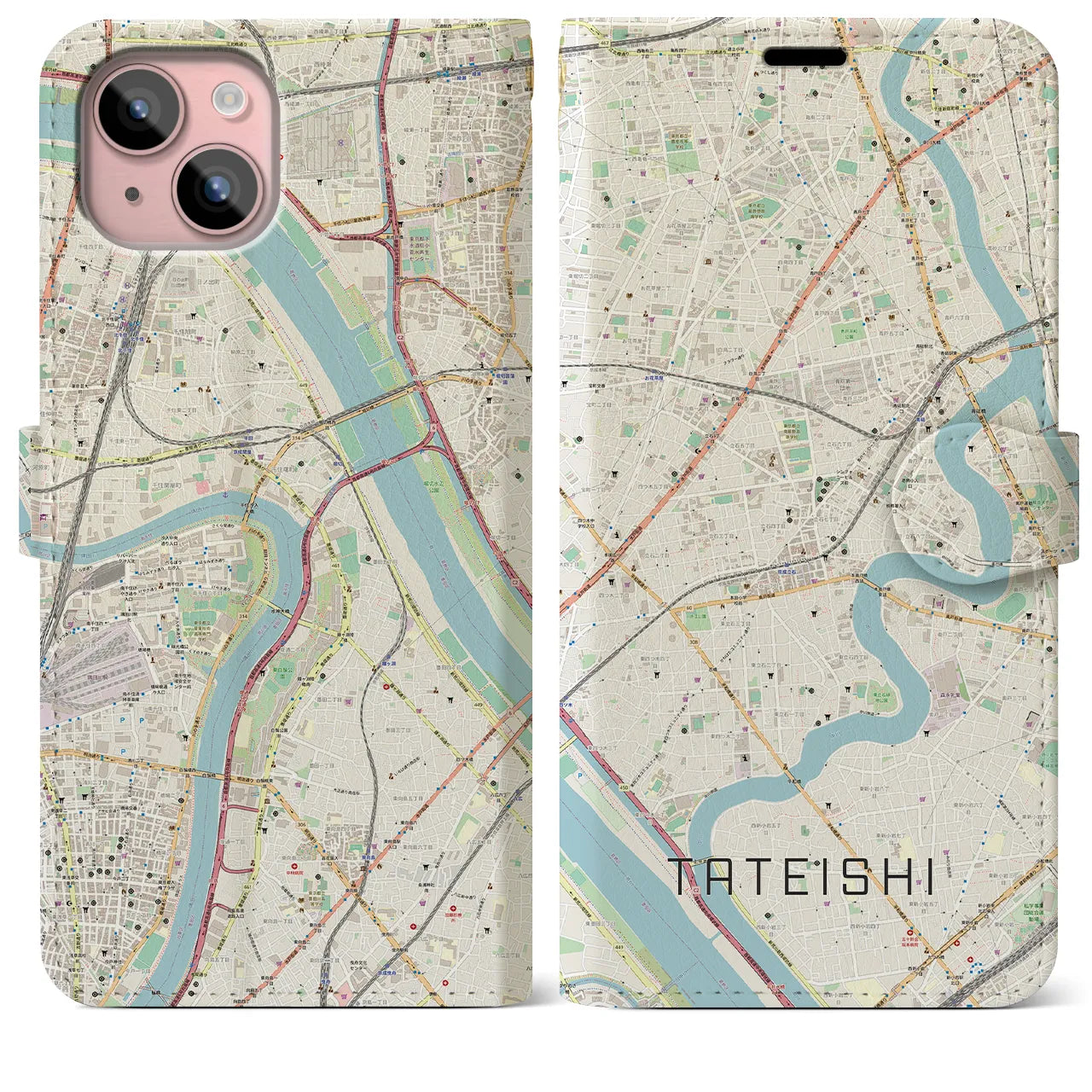 【立石】地図柄iPhoneケース（手帳両面タイプ・ナチュラル）iPhone 15 Plus 用