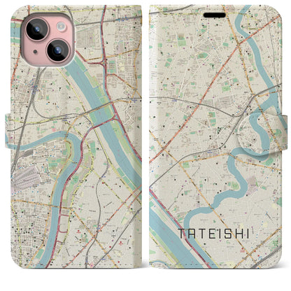 【立石（東京都）】地図柄iPhoneケース（手帳タイプ）ナチュラル・iPhone 15 Plus 用