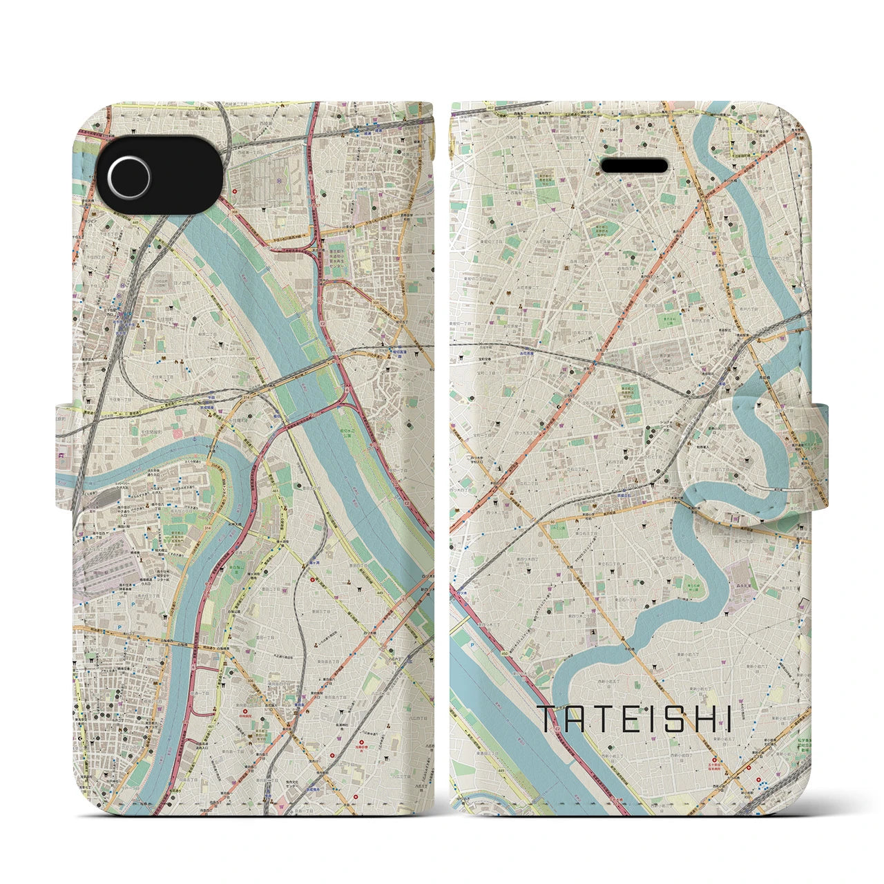 【立石（東京都）】地図柄iPhoneケース（手帳タイプ）ナチュラル・iPhone SE（第3 / 第2世代） / 8 / 7 / 6s / 6 用