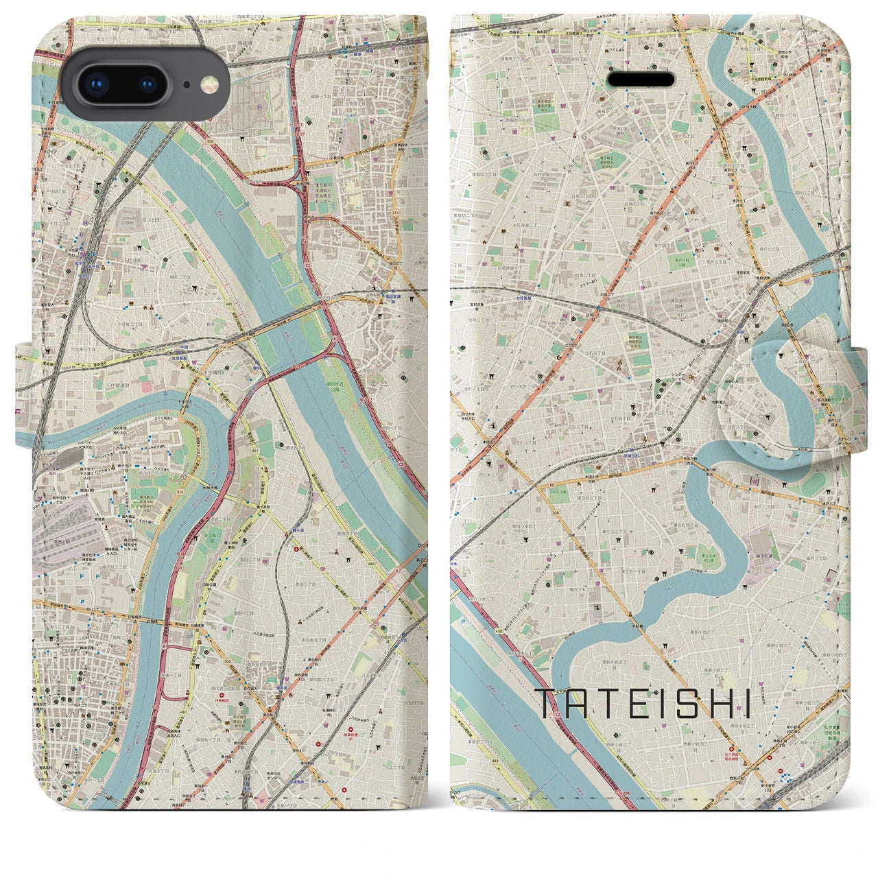 【立石（東京都）】地図柄iPhoneケース（手帳タイプ）ナチュラル・iPhone 8Plus /7Plus / 6sPlus / 6Plus 用