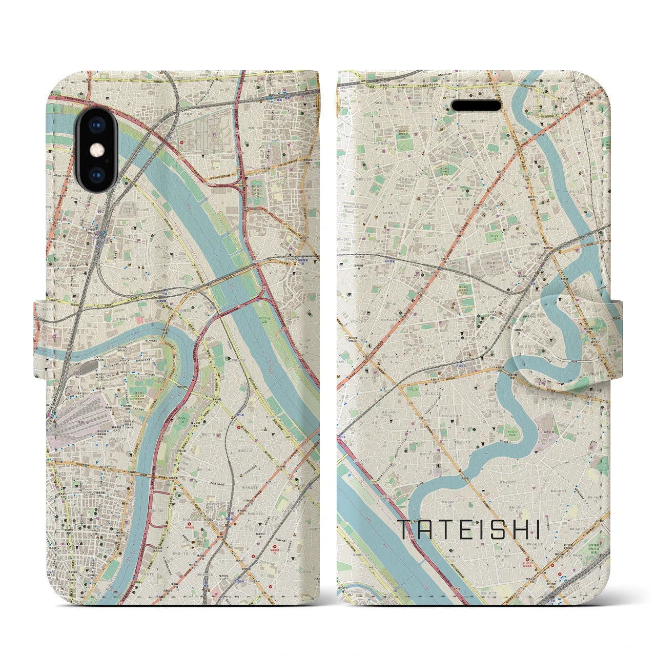 【立石】地図柄iPhoneケース（手帳両面タイプ・ナチュラル）iPhone XS / X 用