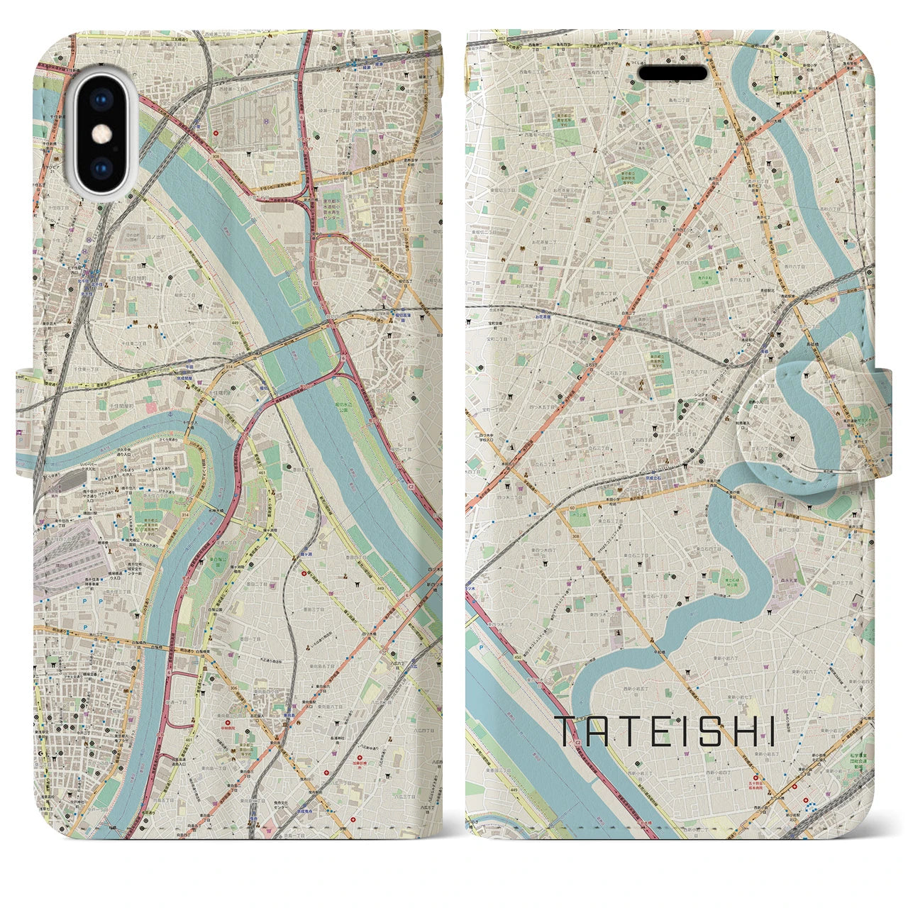 【立石】地図柄iPhoneケース（手帳両面タイプ・ナチュラル）iPhone XS Max 用