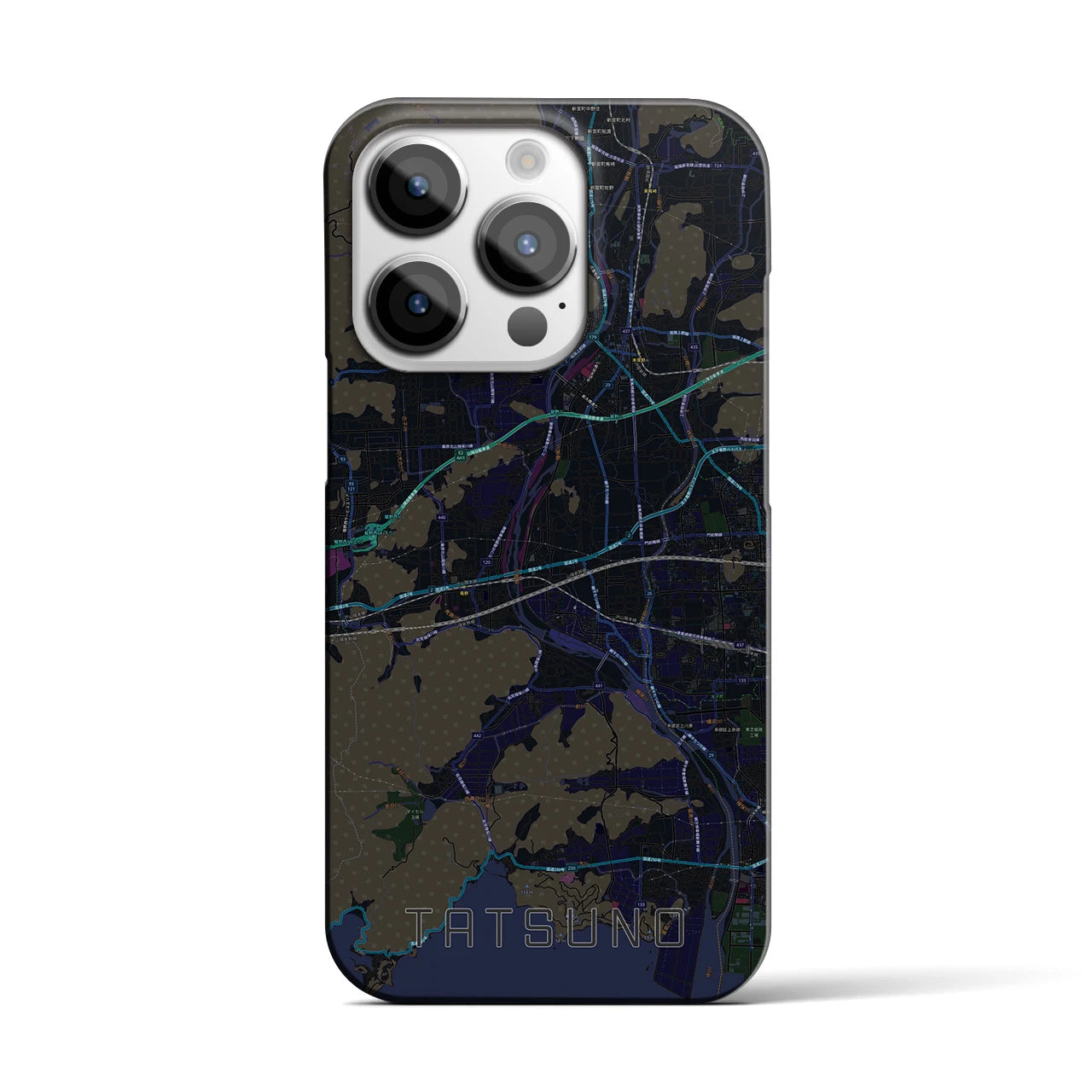 【たつの】地図柄iPhoneケース（バックカバータイプ・ブラック）iPhone 14 Pro 用