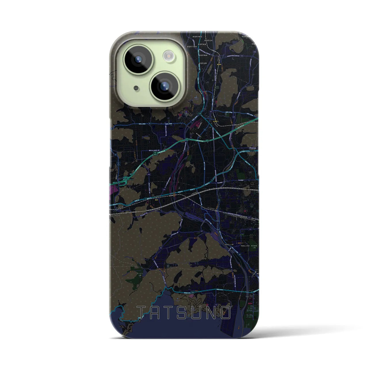 【たつの】地図柄iPhoneケース（バックカバータイプ・ブラック）iPhone 15 用