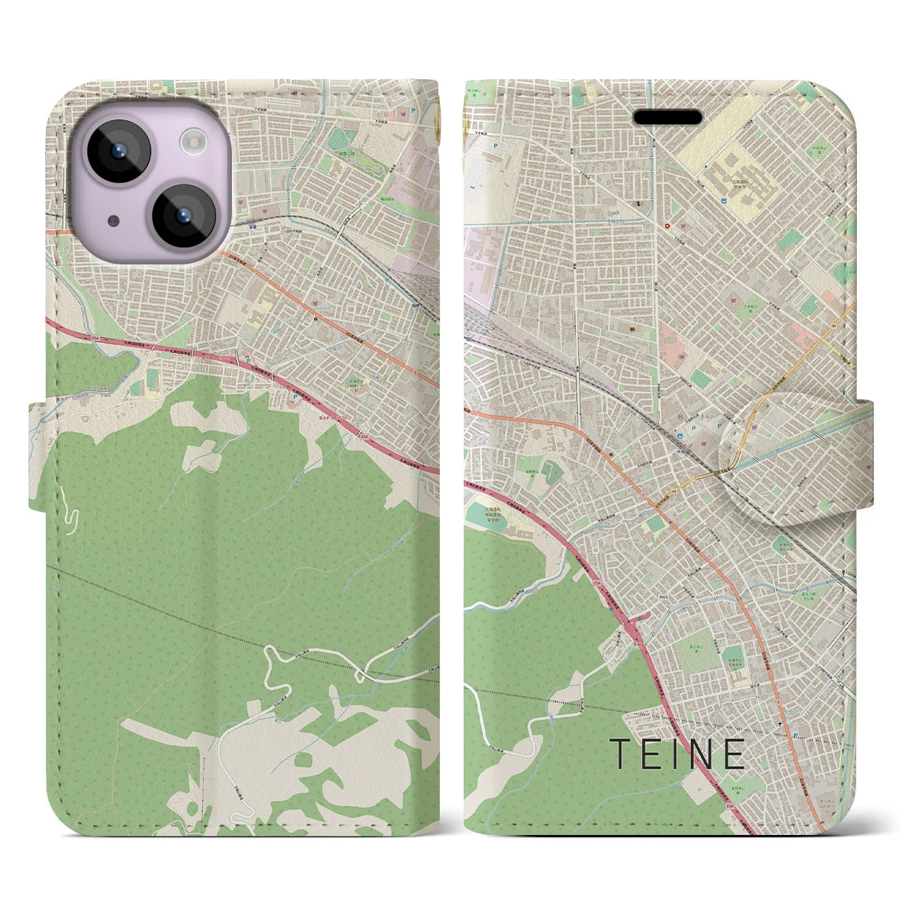 【手稲】地図柄iPhoneケース（手帳両面タイプ・ナチュラル）iPhone 14 用
