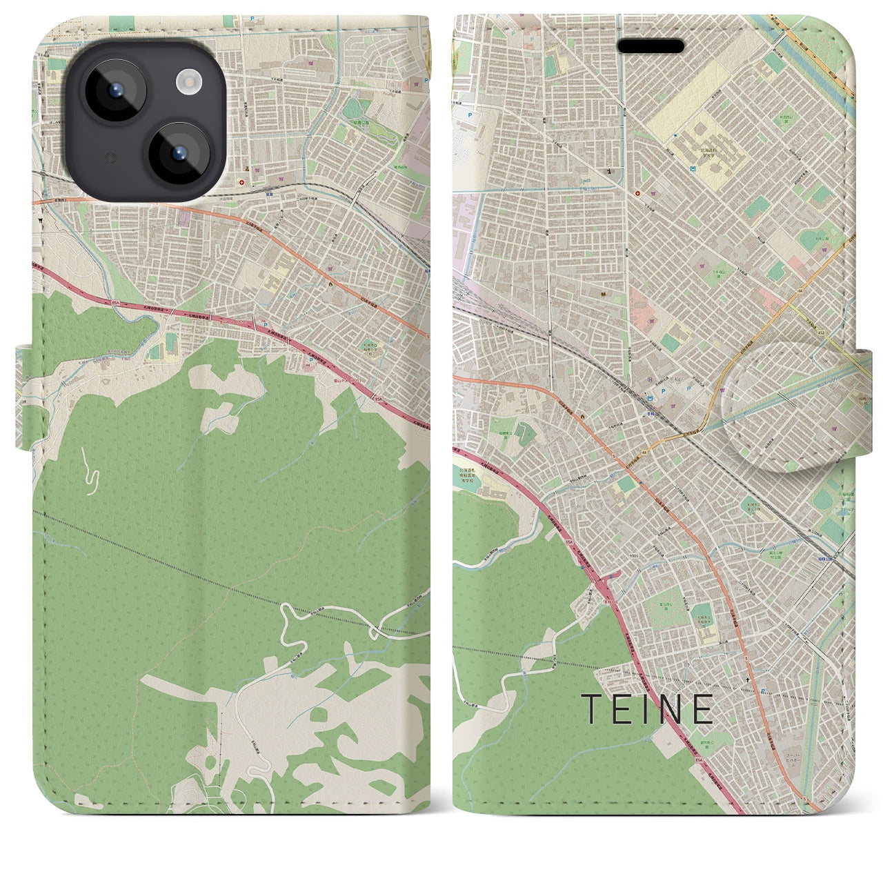 【手稲】地図柄iPhoneケース（手帳両面タイプ・ナチュラル）iPhone 14 Plus 用