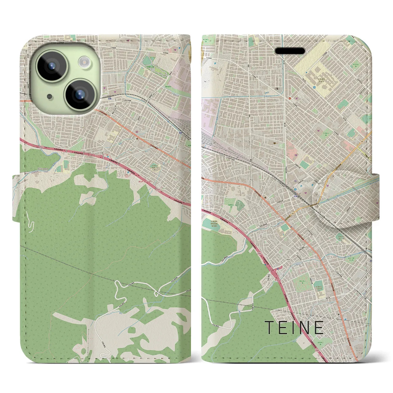 【手稲】地図柄iPhoneケース（手帳両面タイプ・ナチュラル）iPhone 15 用