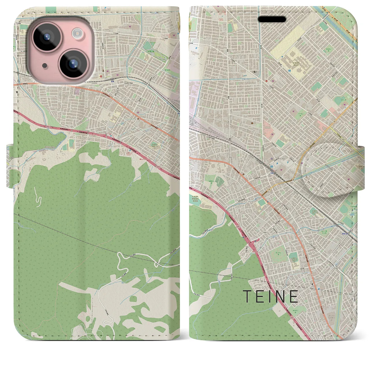 【手稲】地図柄iPhoneケース（手帳両面タイプ・ナチュラル）iPhone 15 Plus 用