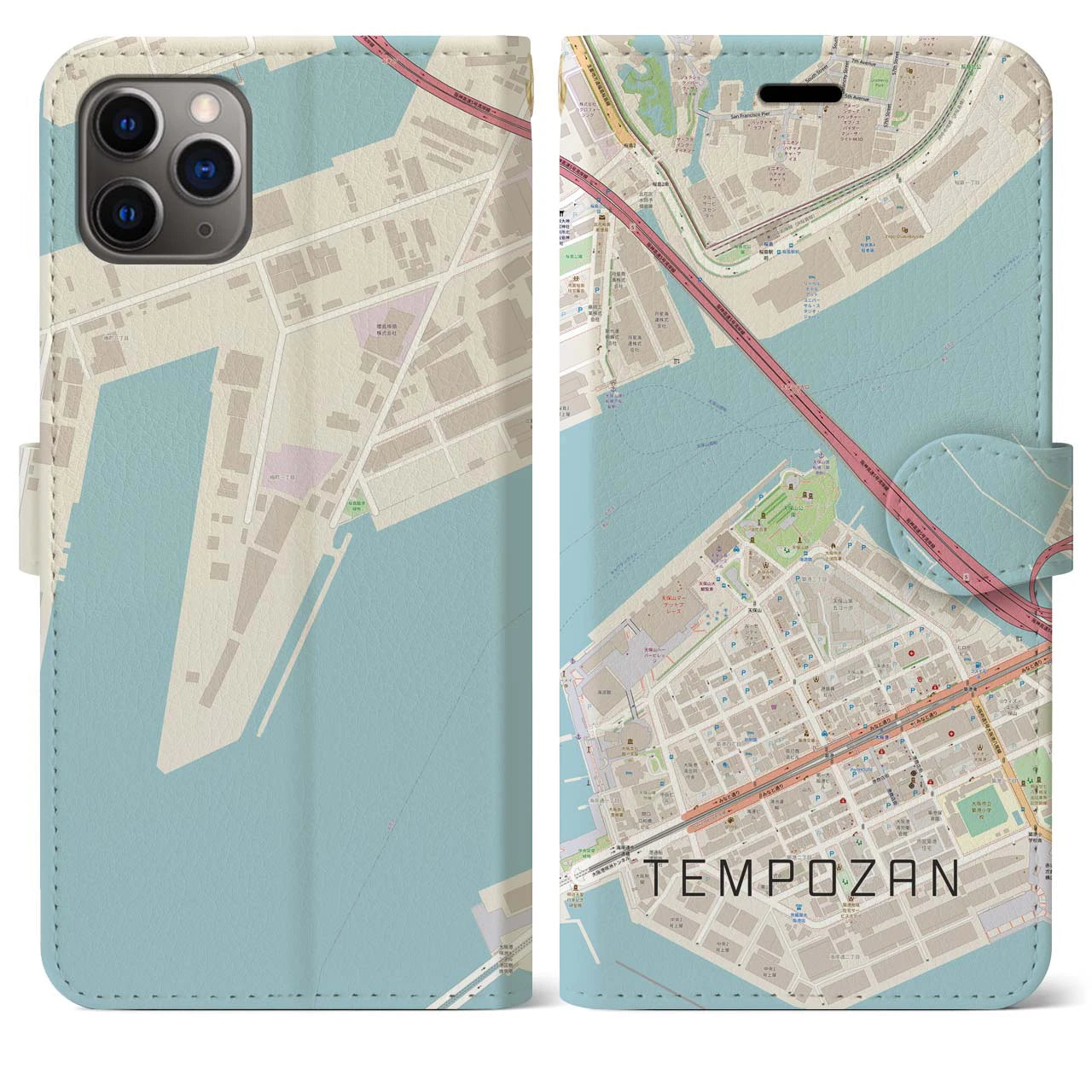 【天保山（大阪府）】地図柄iPhoneケース（手帳タイプ）ナチュラル・iPhone 11 Pro Max 用