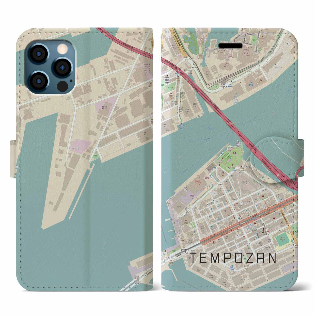 【天保山（大阪府）】地図柄iPhoneケース（手帳タイプ）ナチュラル・iPhone 12 / 12 Pro 用