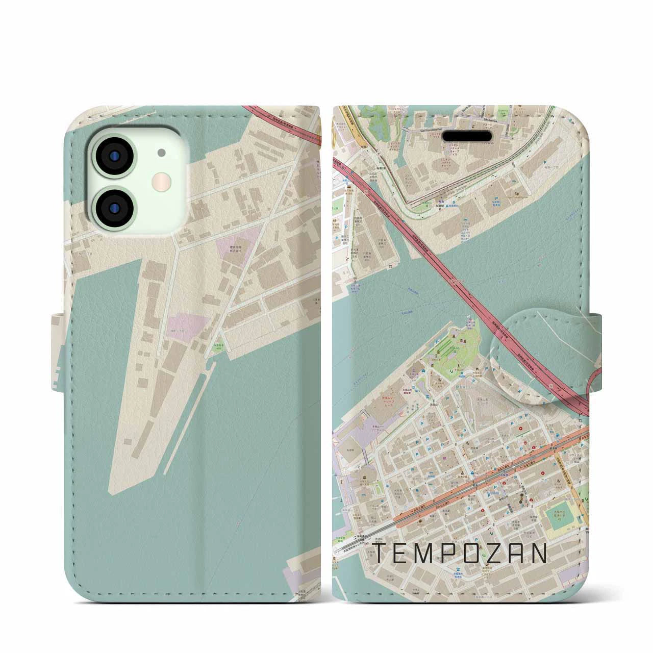 【天保山（大阪府）】地図柄iPhoneケース（手帳タイプ）ナチュラル・iPhone 12 mini 用