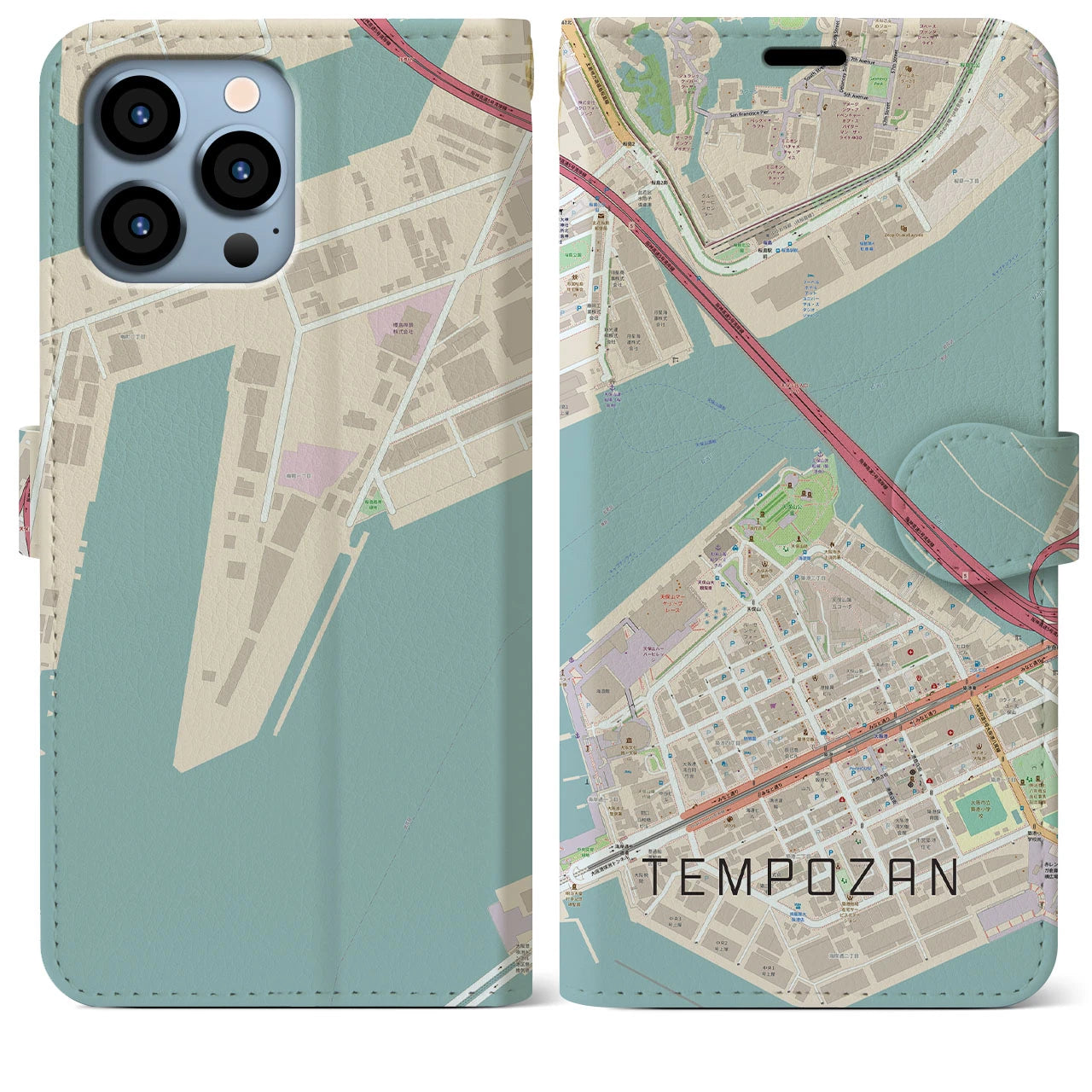 【天保山（大阪府）】地図柄iPhoneケース（手帳タイプ）ナチュラル・iPhone 13 Pro Max 用