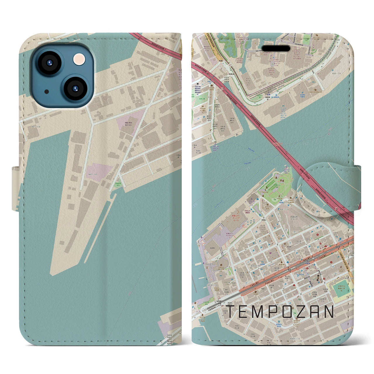 【天保山（大阪府）】地図柄iPhoneケース（手帳タイプ）ナチュラル・iPhone 13 用