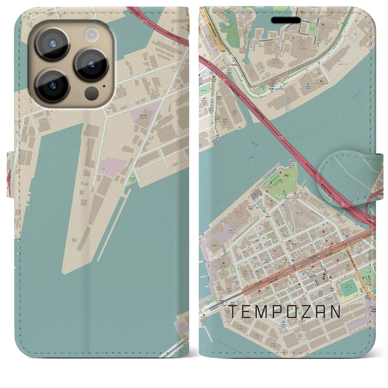 【天保山（大阪府）】地図柄iPhoneケース（手帳タイプ）ナチュラル・iPhone 14 Pro Max 用