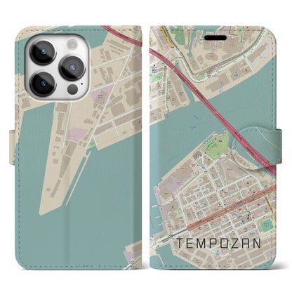 【天保山（大阪府）】地図柄iPhoneケース（手帳タイプ）ナチュラル・iPhone 14 Pro 用