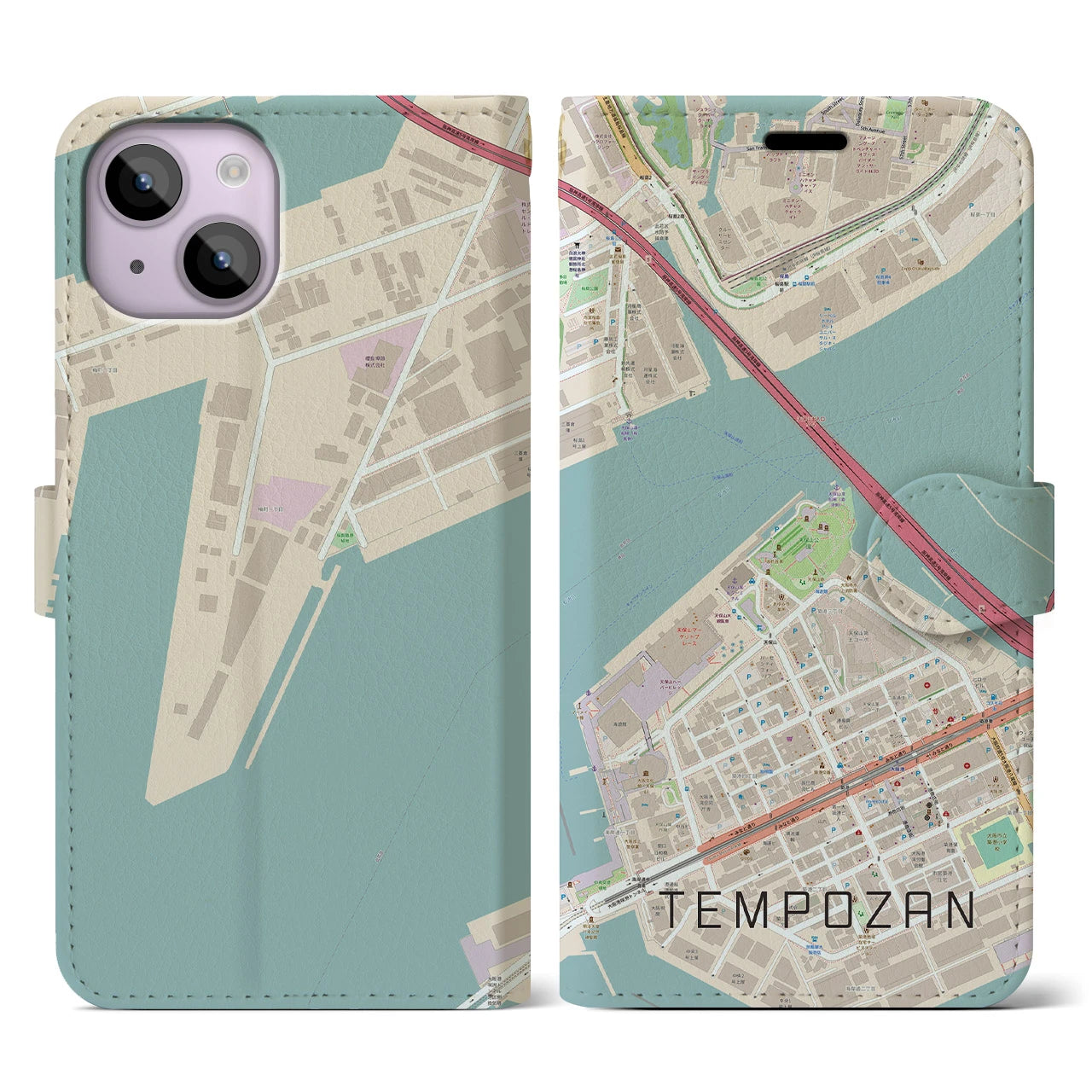 【天保山（大阪府）】地図柄iPhoneケース（手帳タイプ）ナチュラル・iPhone 14 用