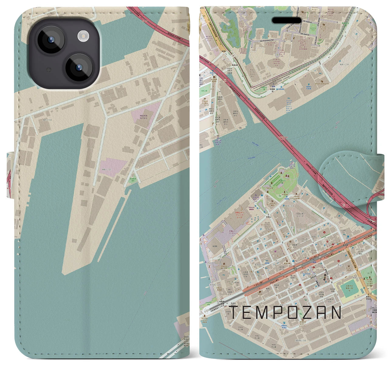 【天保山（大阪府）】地図柄iPhoneケース（手帳タイプ）ナチュラル・iPhone 14 Plus 用