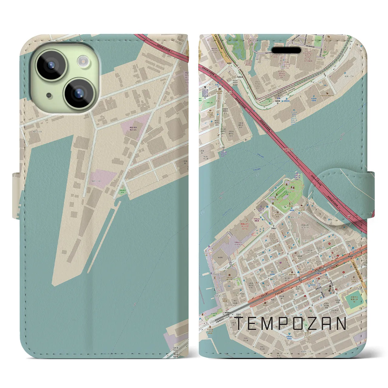 【天保山（大阪府）】地図柄iPhoneケース（手帳タイプ）ナチュラル・iPhone 15 用