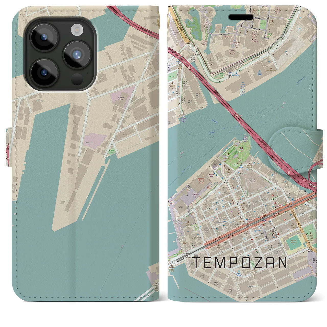 【天保山（大阪府）】地図柄iPhoneケース（手帳タイプ）ナチュラル・iPhone 15 Pro Max 用